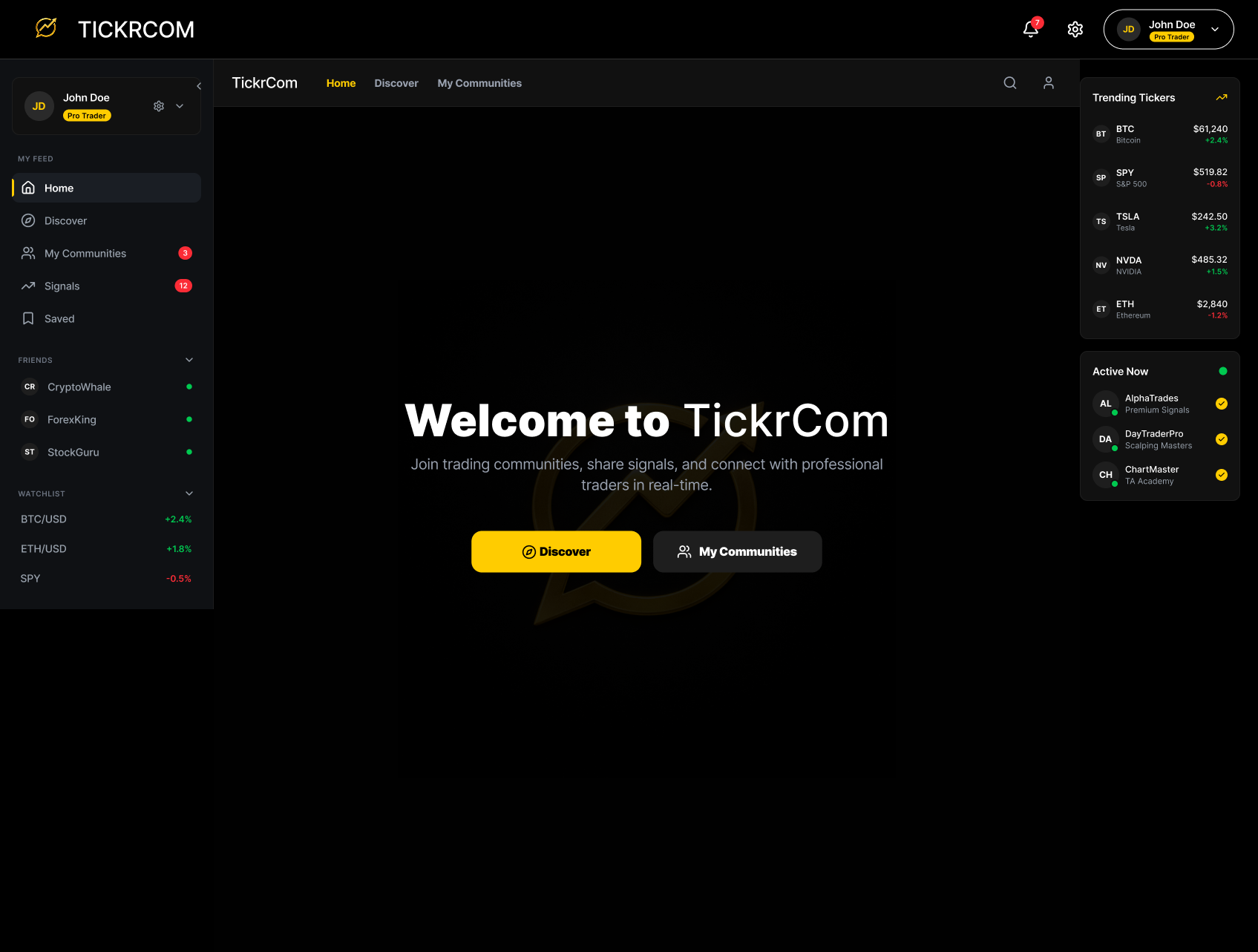 The TickrCom home dashboard on desktop